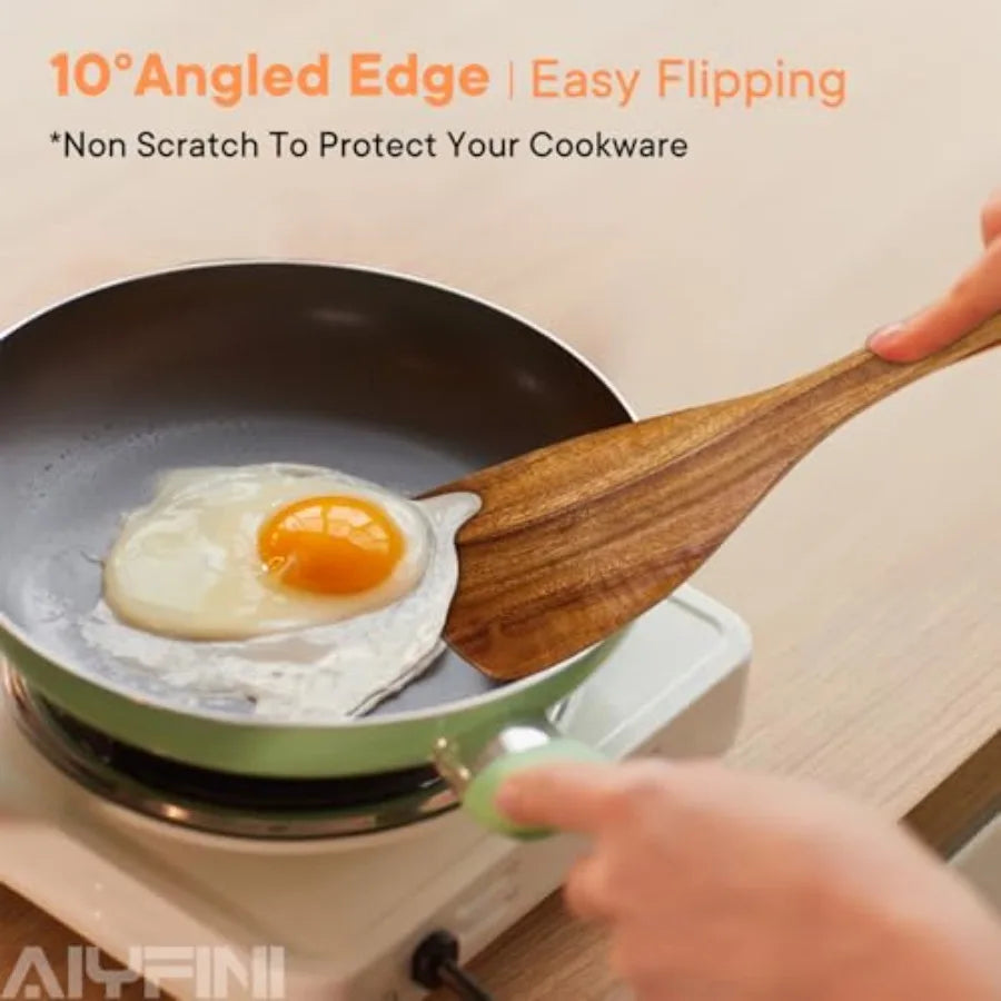 Non-Toxic Wooden Kitchen Utensils Set 15.4" Long Handle Wood Spatula for Cooking Egg Flipper Fish Turner Spatula for Non Stick