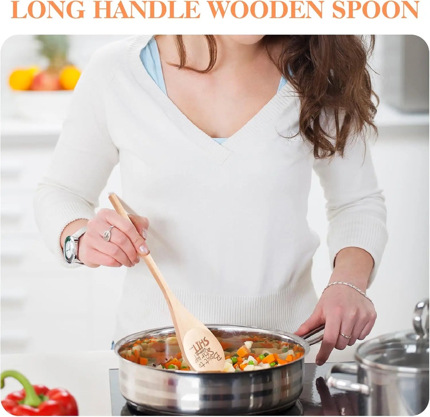 Funny Wooden Spoons Christmas Gift Large Funny Spoon Laser Engraved Gifts Personalized Home Kitchen Long Handle Spoons for Cooking Tools Wooden Non-Stick Surface Spoon