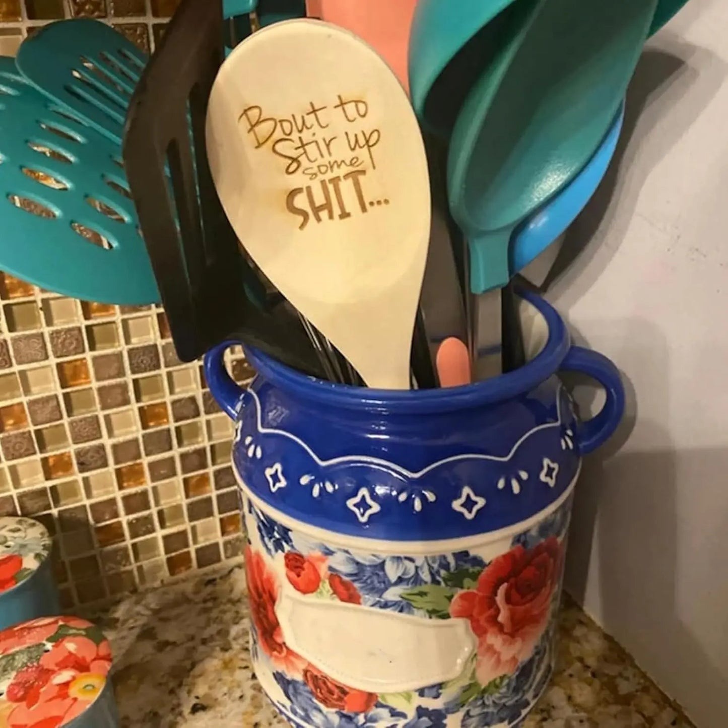 Funny Wooden Spoons Christmas Gift Large Funny Spoon Laser Engraved Gifts Personalized Home Kitchen Long Handle Spoons for Cooking Tools Wooden Non-Stick Surface Spoon