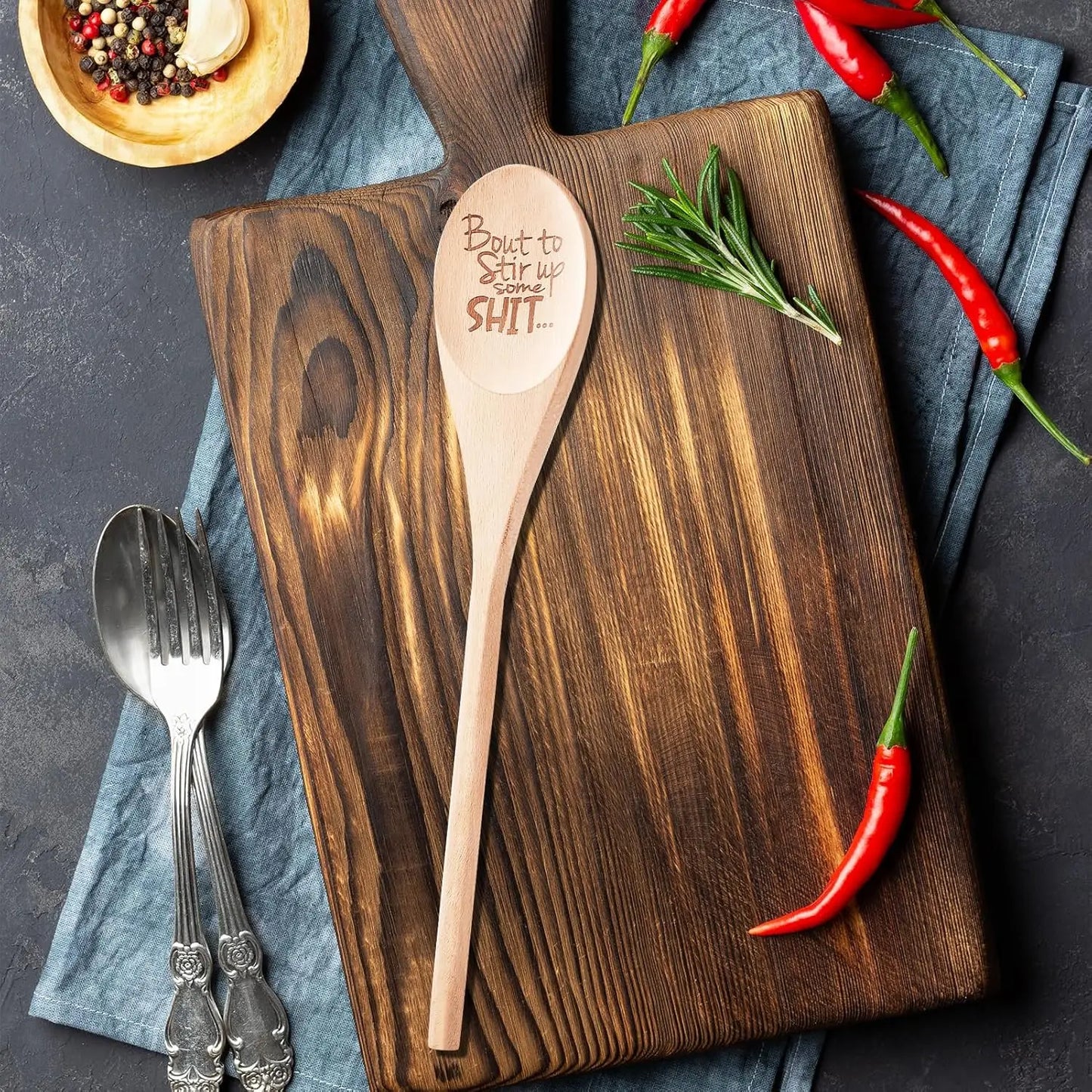 Funny Wooden Spoons Christmas Gift Large Funny Spoon Laser Engraved Gifts Personalized Home Kitchen Long Handle Spoons for Cooking Tools Wooden Non-Stick Surface Spoon