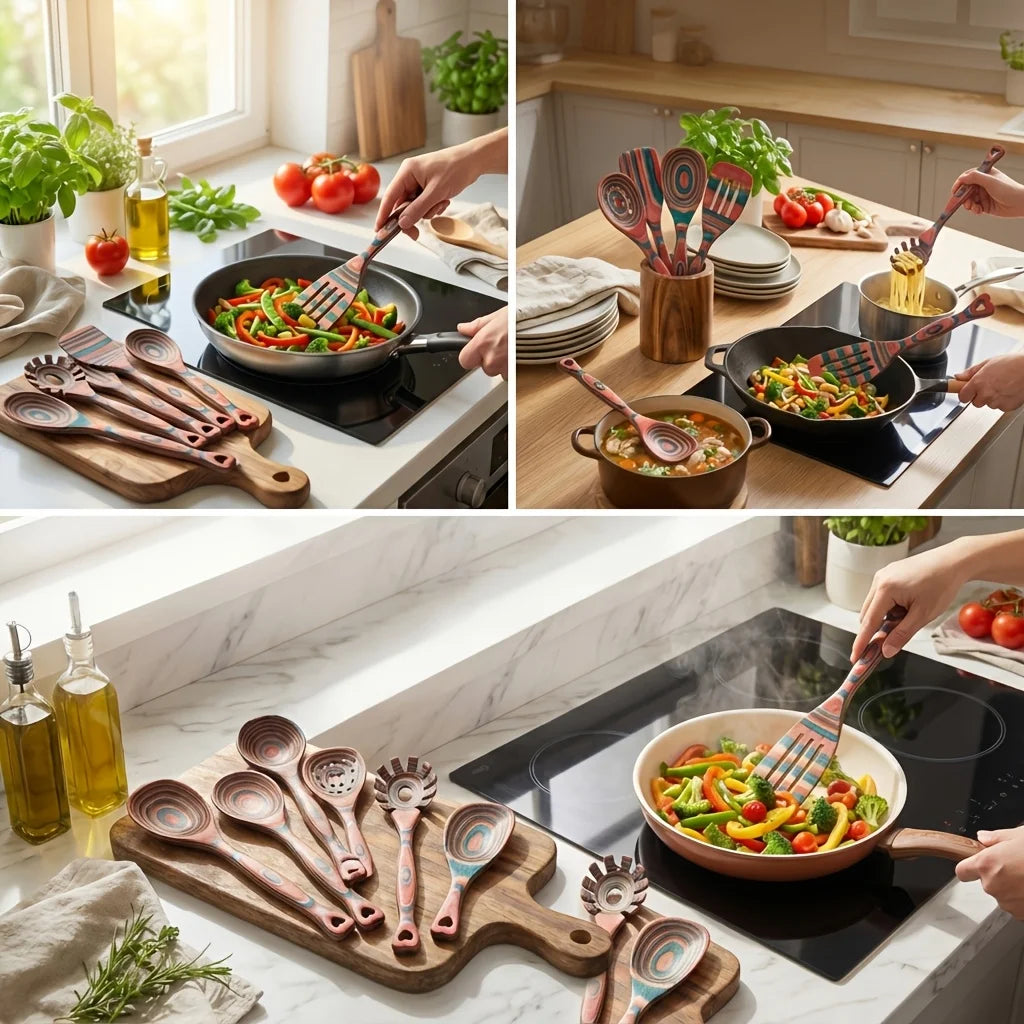 Set of 7 Cooking Utensils Made from Pakkawood, Includes Wooden Spoons for Culinary Use, Features Pinkish-Orange Pakkawood Spoons, Non-Stick Cooking Tools, Kitchen Utensils Crafted from Pakkawood