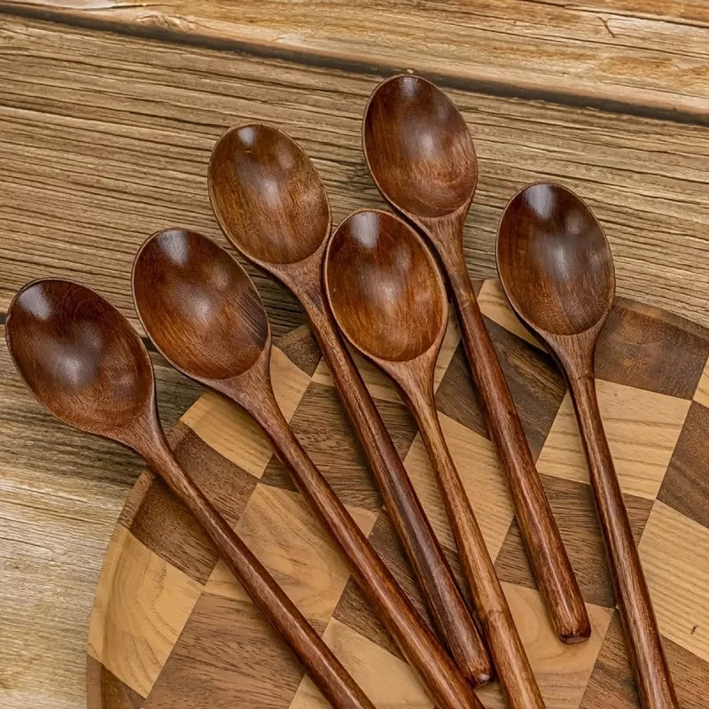 One multi-functional long handle wooden spoon, wooden spoon soup spoon Dim sum spoon coffee spoon mixing spoon, Japanese kitchen appliance, suitable for serving, cooking and baking in kitchens, restaurants, camping and picnic