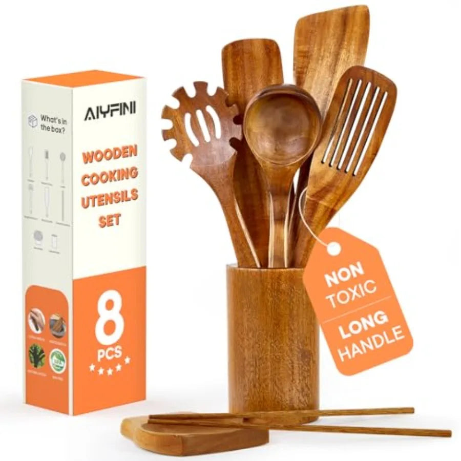 Non-Toxic Wooden Kitchen Utensils Set 15.4" Long Handle Wood Spatula for Cooking Egg Flipper Fish Turner Spatula for Non Stick