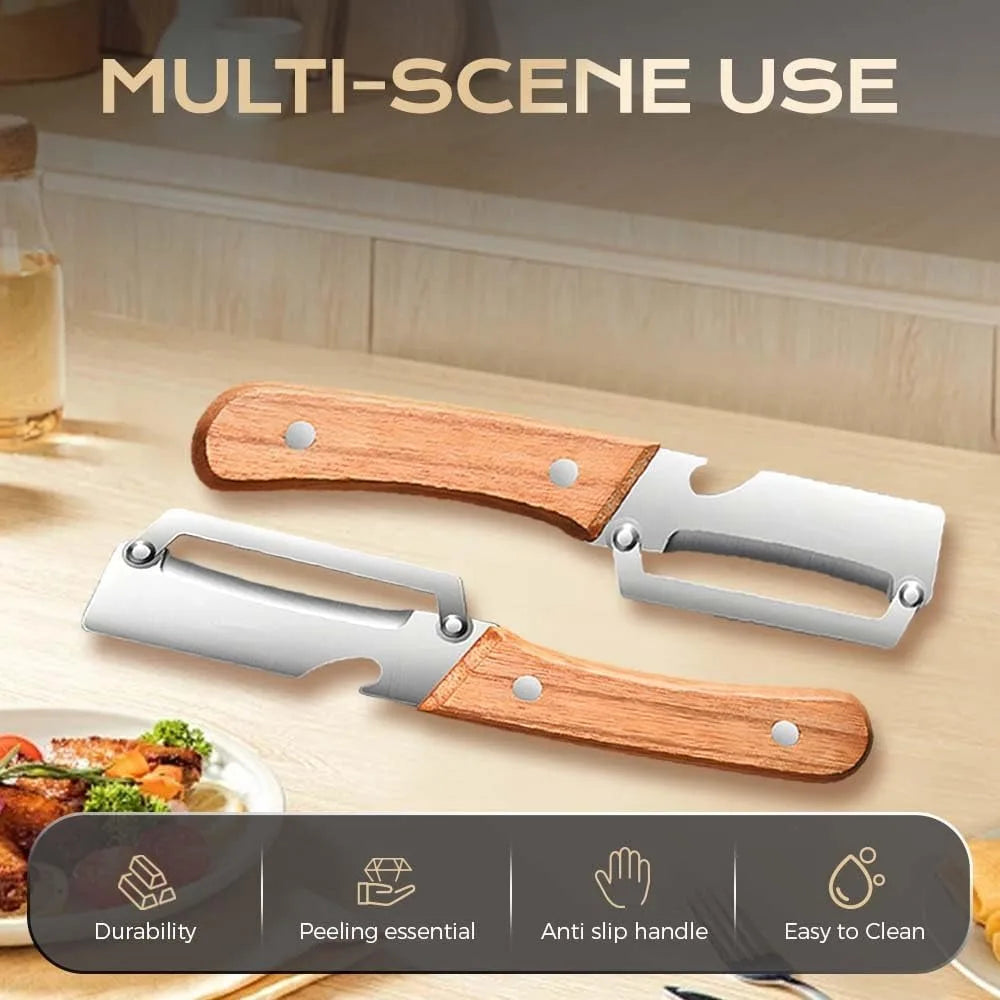 2 pcs Multifunctional Vegetable Peeler with Wooden Handle, 2-in-1 Stainless Steel Peeler with Built-in Bottle Opener, Ergonomic Peelers for Kitchen, Sharp Vegetable Peeler for Potato, Carrot & Fruit