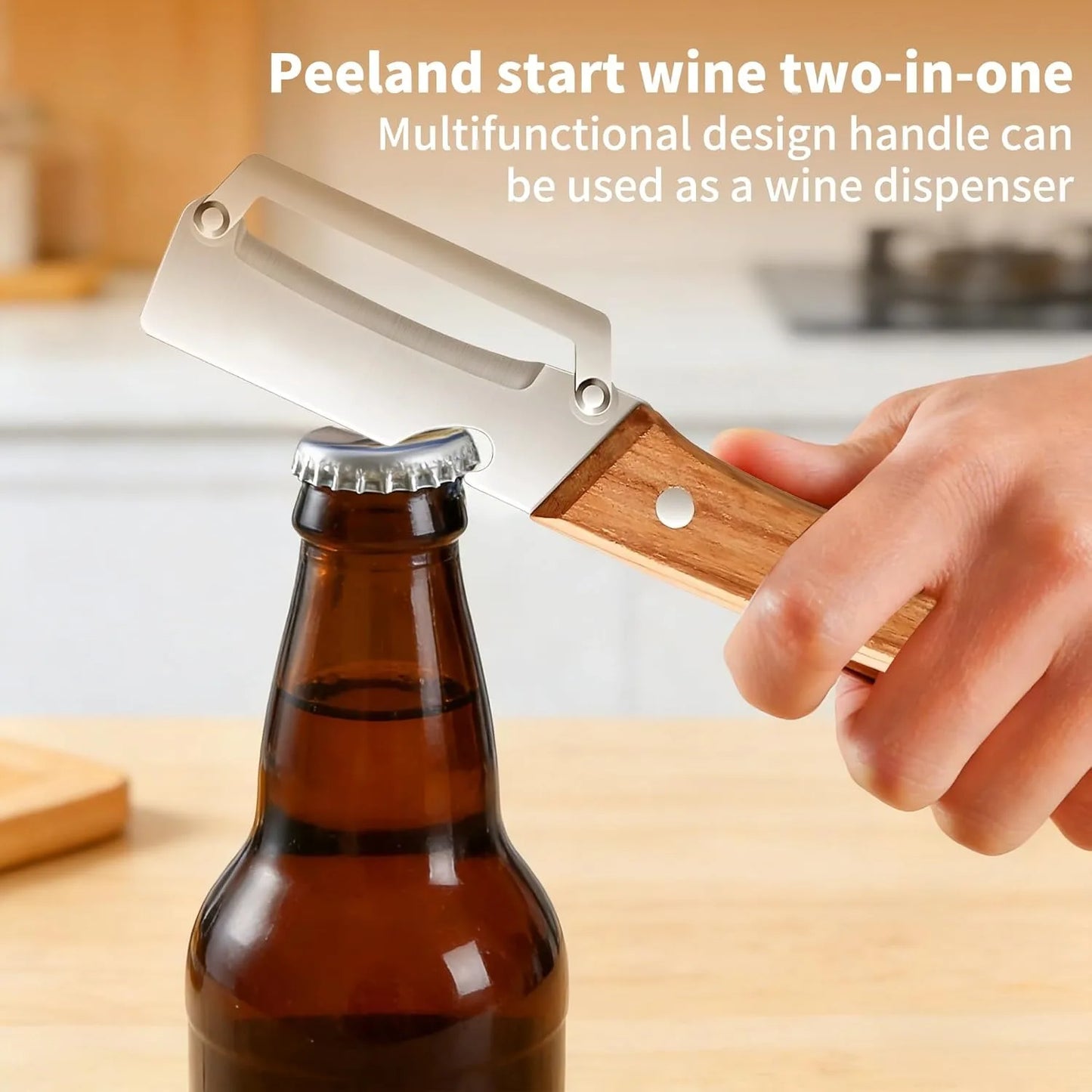 2 pcs Multifunctional Vegetable Peeler with Wooden Handle, 2-in-1 Stainless Steel Peeler with Built-in Bottle Opener, Ergonomic Peelers for Kitchen, Sharp Vegetable Peeler for Potato, Carrot & Fruit
