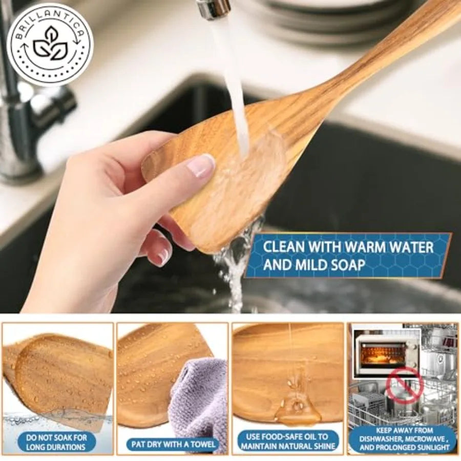 Complete -Piece Wooden Kitchen Utensil Set with Holder and Stainless Steel Measuring Spoons - Non-Toxic Wood Spatulas for Cooki