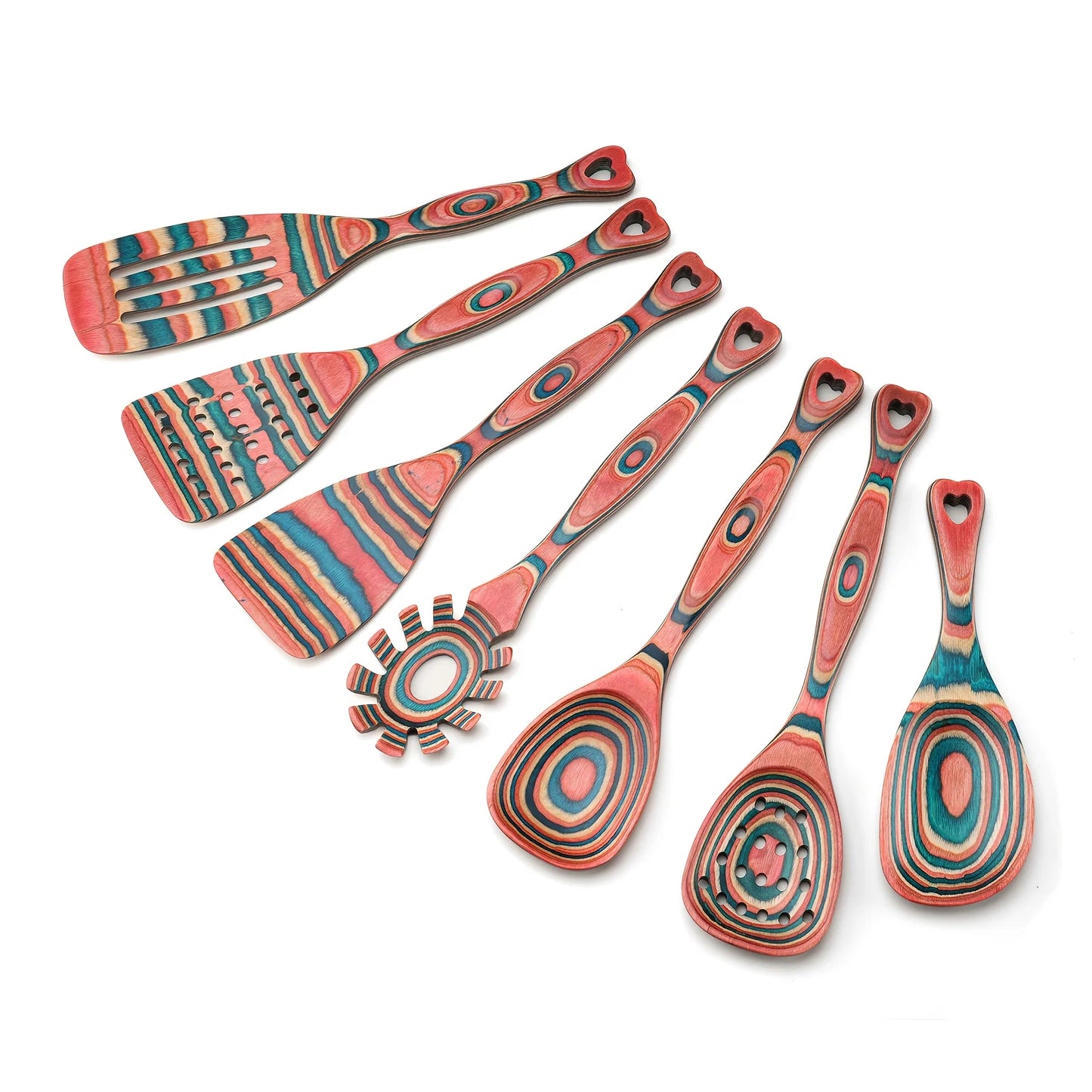 Set of 7 Cooking Utensils Made from Pakkawood, Includes Wooden Spoons for Culinary Use, Features Pinkish-Orange Pakkawood Spoons, Non-Stick Cooking Tools, Kitchen Utensils Crafted from Pakkawood
