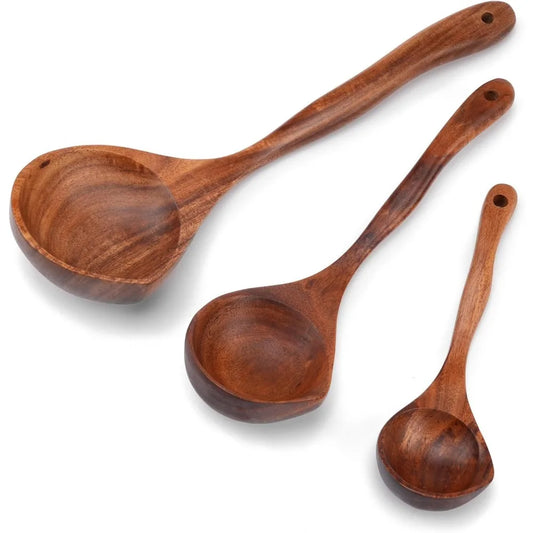 Wooden Ladle Spoon Set, 3 Size Teak Large Soup Ladel Wood Spoons for Cooking Serving Spoon Ladles Wooden Cooking Spoon Long Handle Mixing Spoon Ladle