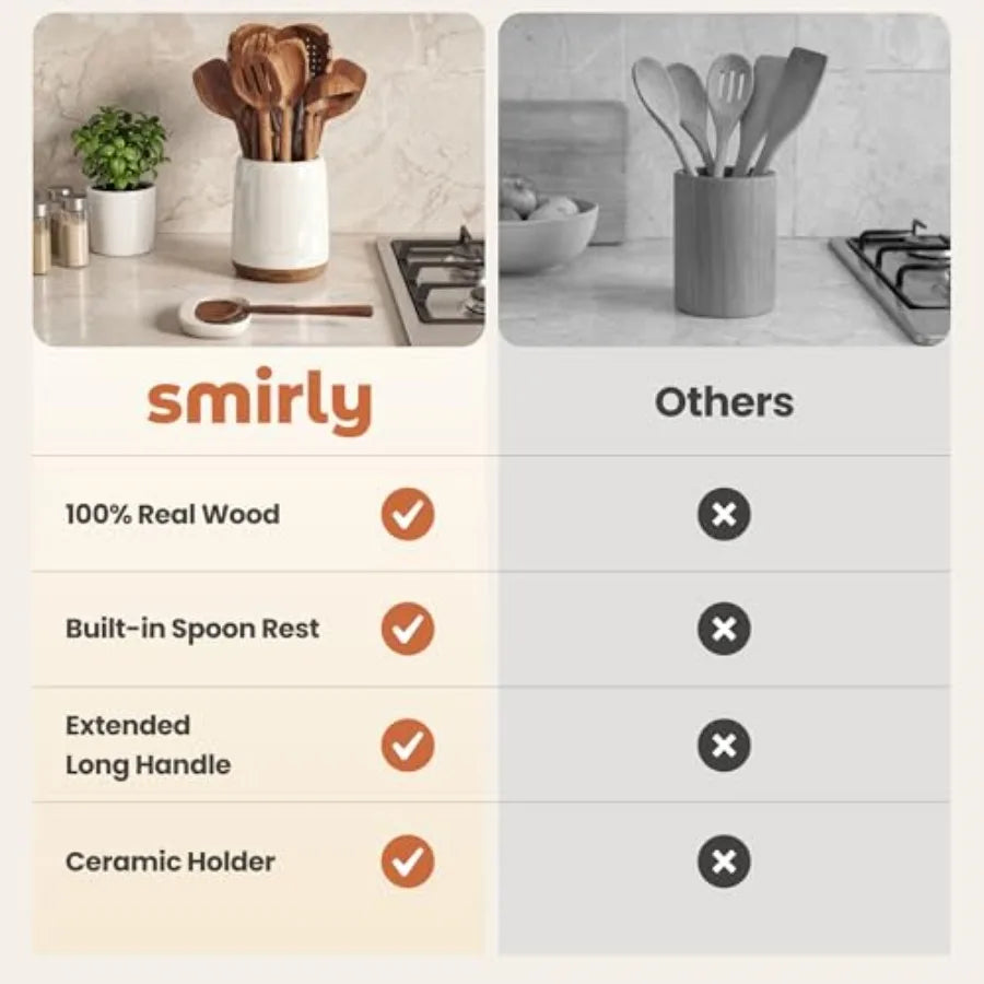 Wooden Spoons for Cooking - 12-Piece Premium Wood Utensil Set with Ceramic Holder and Spoon Rest, Non-Scratch Cooking Utensils