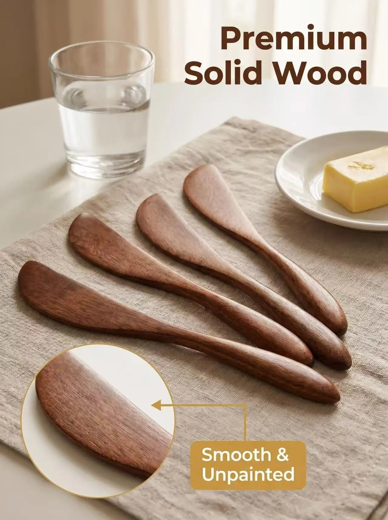 1Pcs Premium Natural Wooden Butter Knife, Smooth Edge Multipurpose Spreader for Cheese, Jam & Peanut Butter, Kitchen Utensil for Bread, Toast, Desserts & Sandwiches