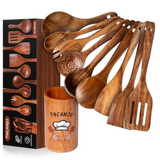 Premium Teak Wood Cooking Utensils Set - 10 Piece Natural Wooden Spoons for Cooking Heat Resistant and Non-Scratch Kitchen Tool
