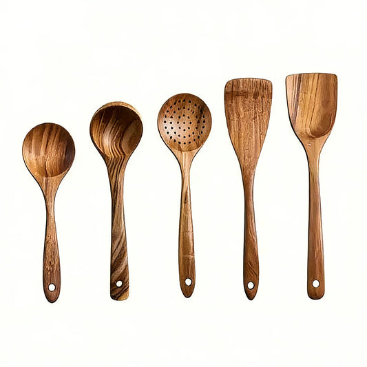 5pcs Wooden Cooking Utensil Set, Non-Scratch Spatulas/Spoons/Ladle, Kitchen Cookware Tools