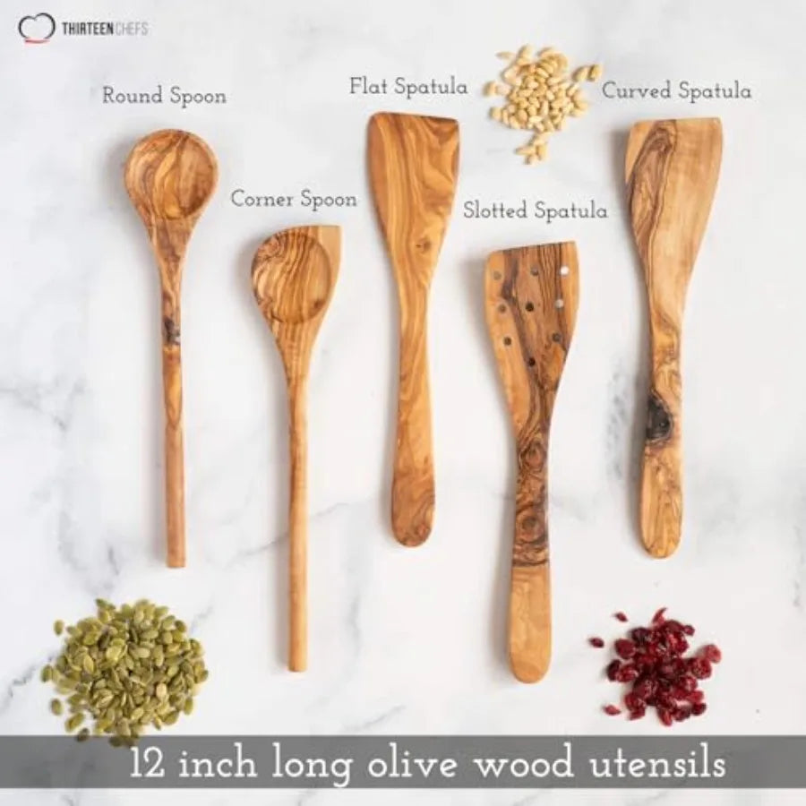 Tramanto Olive Wood Utensil - Spatula and Spoon Wooden Cooking Tools 12 Inch Long Rustic Hand Made with Gift Box