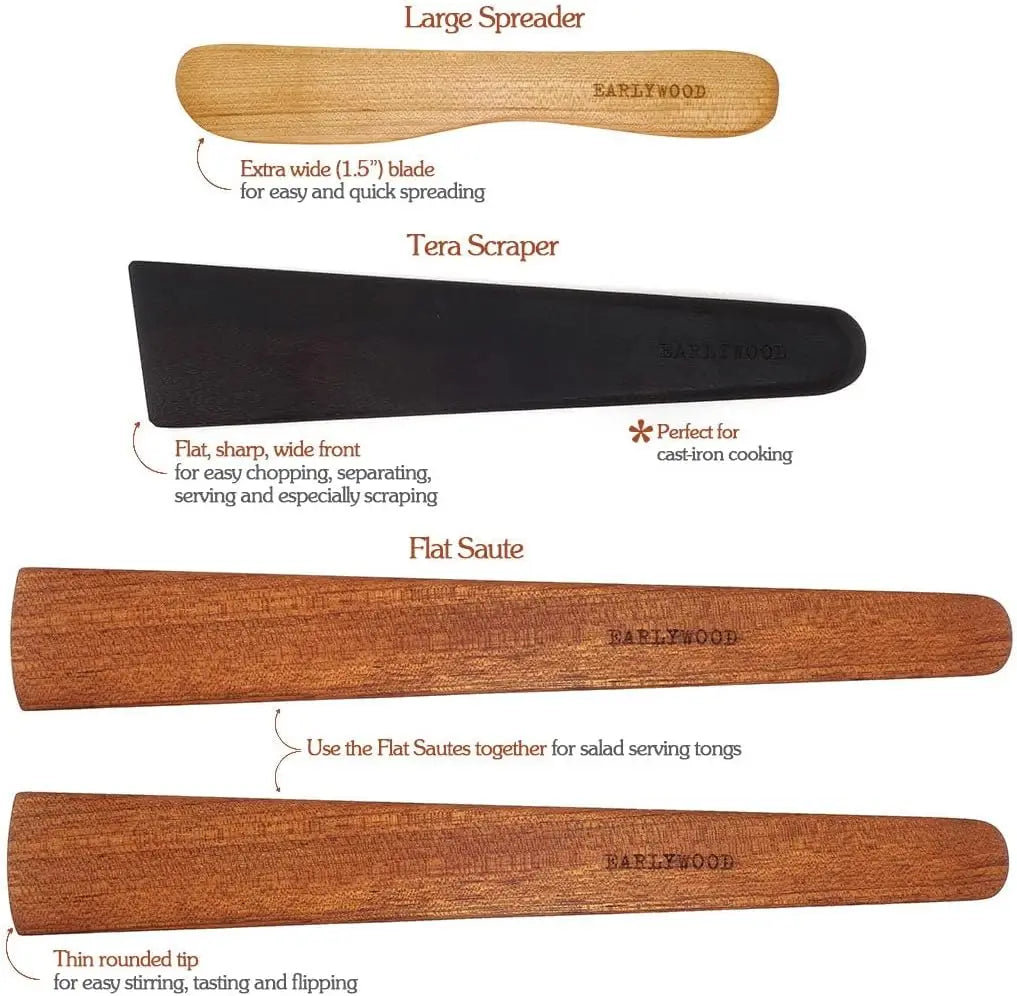 Wooden Kitchen Utensil Set 4-Piece Handcrafted Thin Spatulas Cast Iron Scraper & Butter Spreader Made in USA