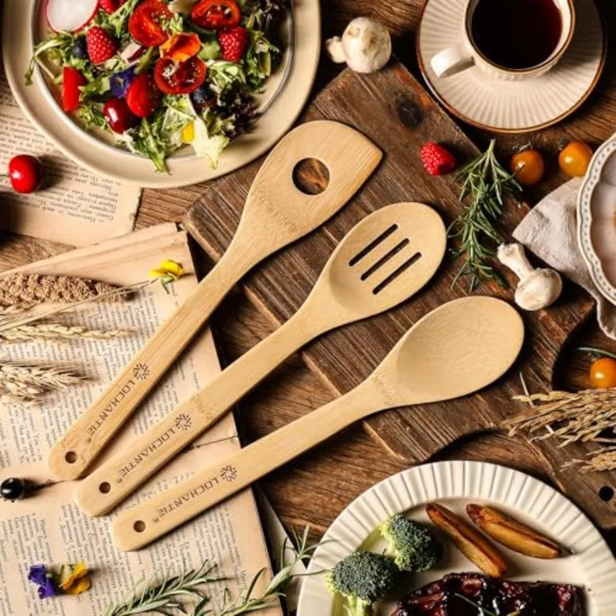 Wooden Spoons for Cooking Bamboo Utensils Set 6 Pieces - Essential Tools Wooden Spoons and Spatula for Everyday Stirring, Mixin