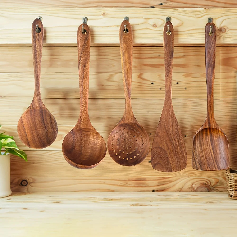 Wooden Kitchen Utensil Set 5-Piece, Non-Toxic Wood Cooking Tools for Non-Stick Pans, Heat & Corrosion Resistant Spoon Spatula – For Women Men Home Chef gift