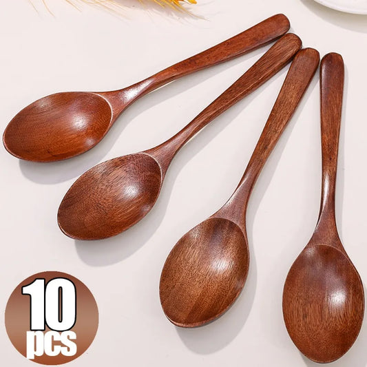 10/1Pcs Wooden Spoon Long Hand Soup Scoops Kitchen Spice Coffee Honey Stir Spoons Ellipse Ladle Sets Stirrer Teaspoons Tableware