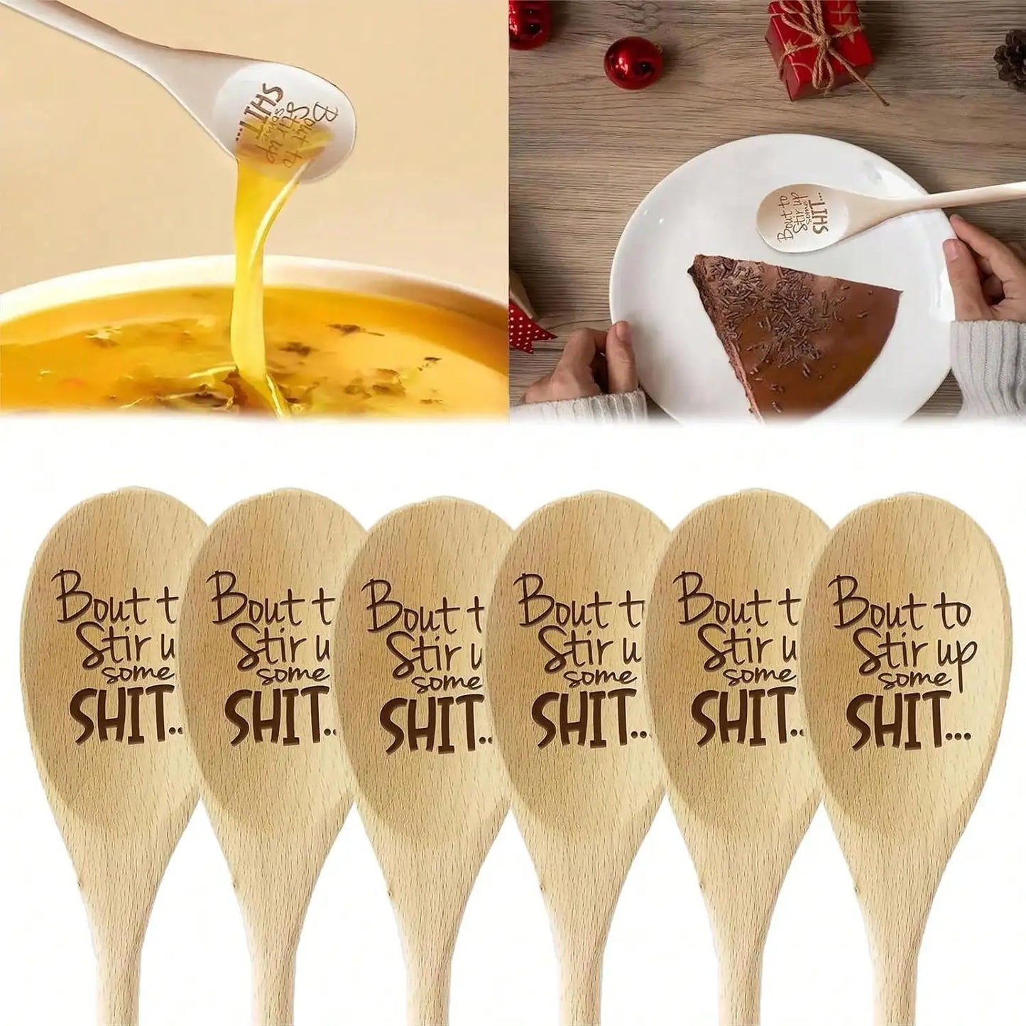 Funny Wooden Spoons Christmas Gift Laser Engraved Personalized Cooking Spoon Long Handle Wooden Kitchen Utensils Housewarming Gifts for Grandma Mother
