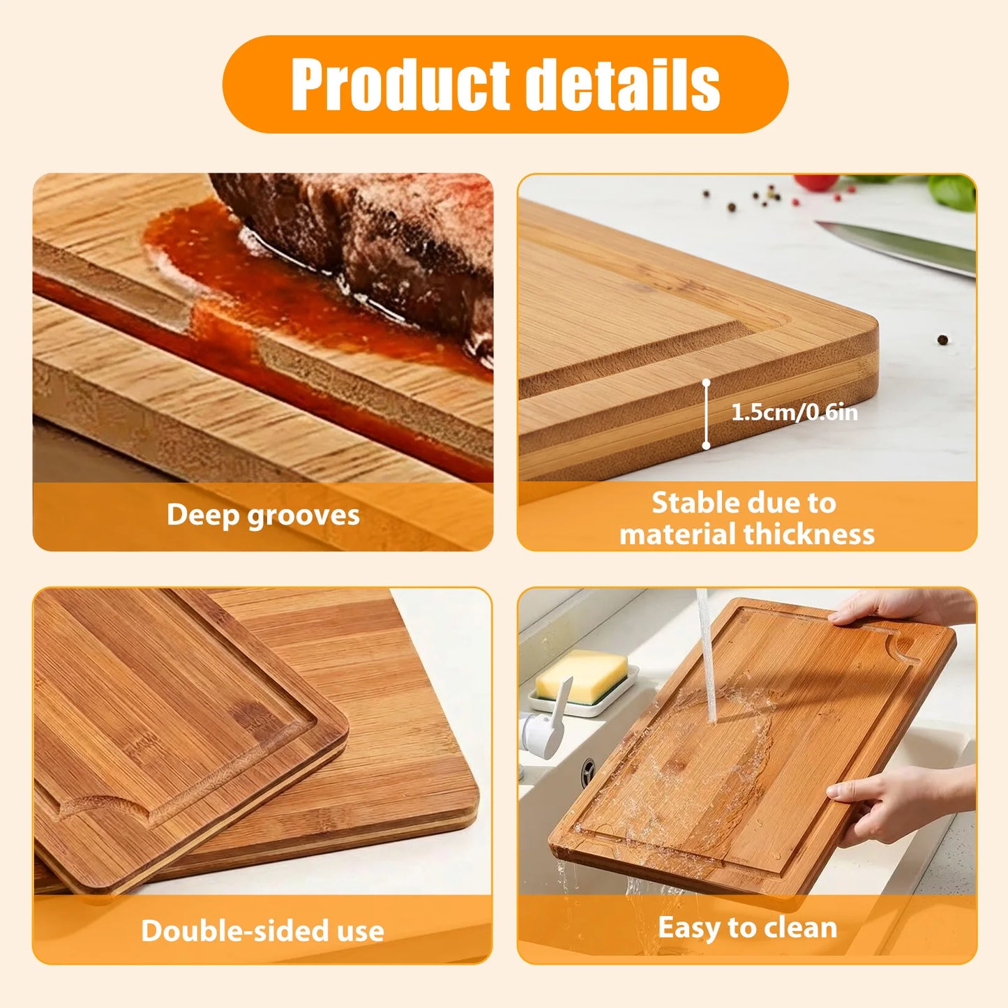 3-5 Pack Bamboo Cutting Boards with Juice Groove, Multipurpose Thick Wooden Kitchen Chopping Board Set for Meat Vegetables Fruit, Heavy Duty Natural Bamboo Serving Tray with Handle Cutouts