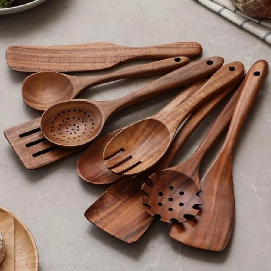 Wooden Spoons for Cooking, 12 Pcs Teak Wood Kitchen Utensils Set with Spoon Rest - Nonstick Heat Resistant Wooden Cooking Utens