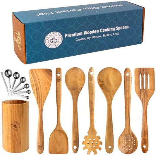 Complete -Piece Wooden Kitchen Utensil Set with Holder and Stainless Steel Measuring Spoons - Non-Toxic Wood Spatulas for Cooki