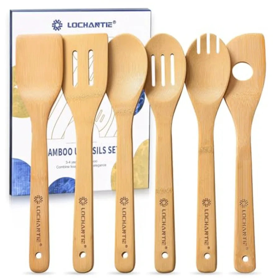 Wooden Spoons for Cooking Bamboo Utensils Set 6 Pieces - Essential Tools Wooden Spoons and Spatula for Everyday Stirring, Mixin