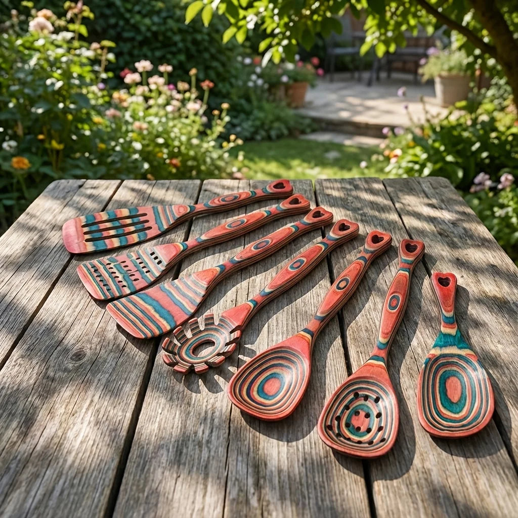 Set of 7 Cooking Utensils Made from Pakkawood, Includes Wooden Spoons for Culinary Use, Features Pinkish-Orange Pakkawood Spoons, Non-Stick Cooking Tools, Kitchen Utensils Crafted from Pakkawood