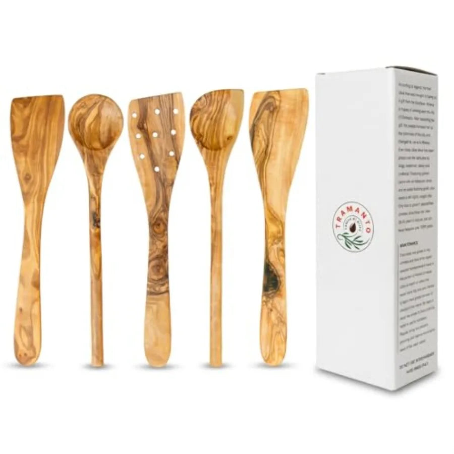 Tramanto Olive Wood Utensil - Spatula and Spoon Wooden Cooking Tools 12 Inch Long Rustic Hand Made with Gift Box