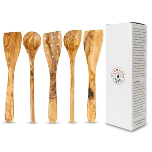 Tramanto Olive Wood Utensil - Spatula and Spoon Wooden Cooking Tools 12 Inch Long Rustic Hand Made with Gift Box