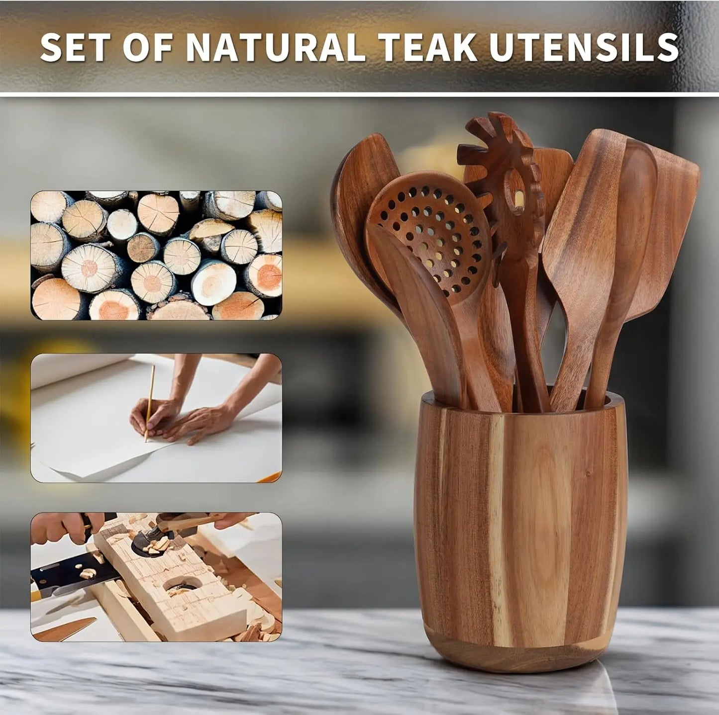 9 Pcs Kitchen Utensils Set - Natural Teak Wood Spoons for Cooking, Handmade Wooden Spoon Set with Spatula
