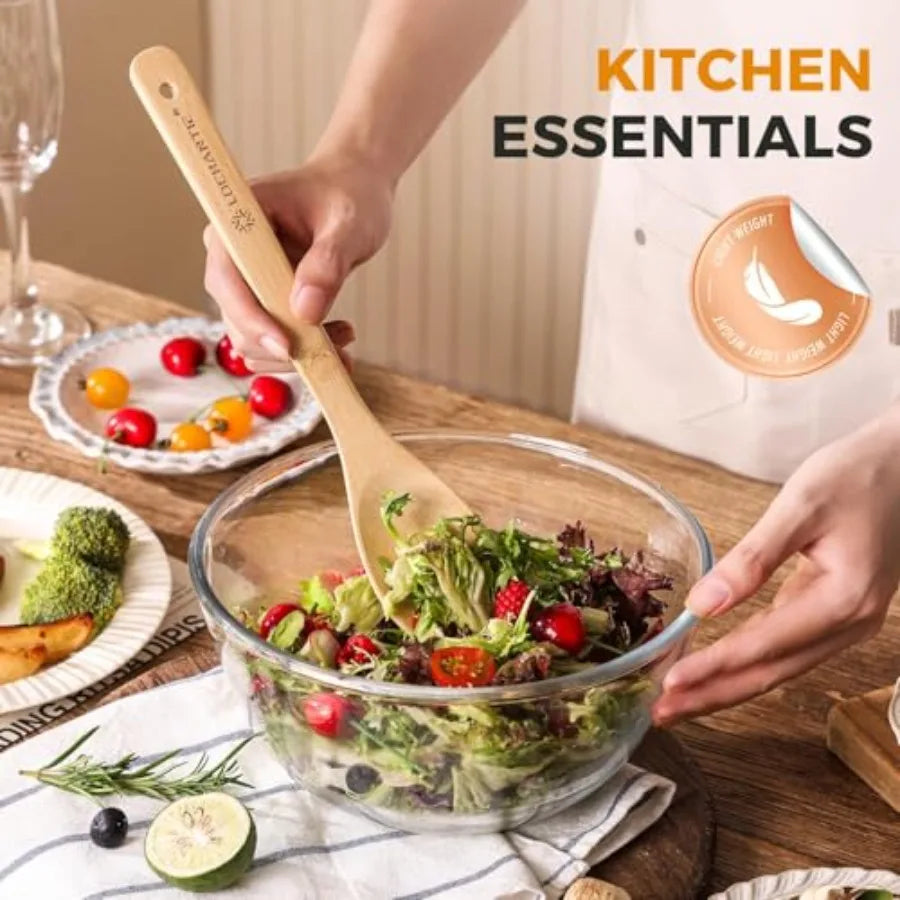 Wooden Spoons for Cooking Bamboo Utensils Set 6 Pieces - Essential Tools Wooden Spoons and Spatula for Everyday Stirring, Mixin