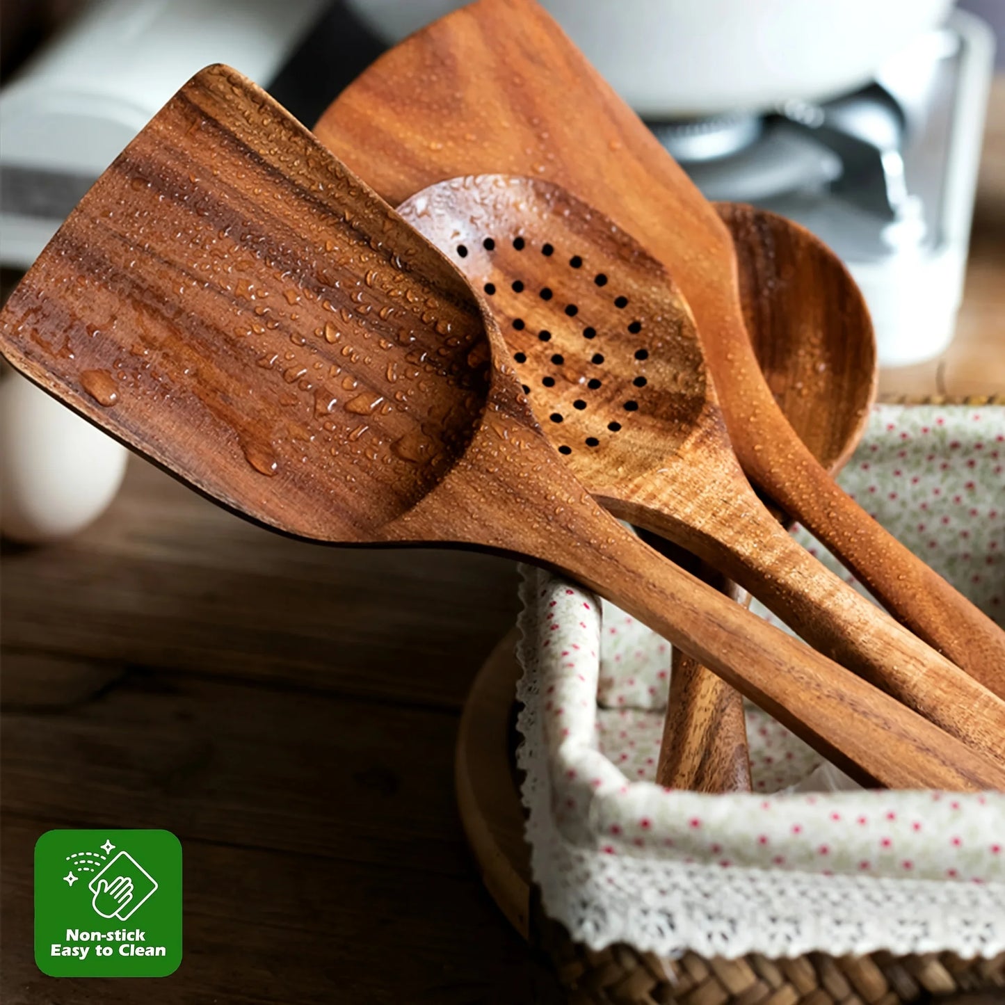 Wooden Kitchen Utensil Set 5-Piece, Non-Toxic Wood Cooking Tools for Non-Stick Pans, Heat & Corrosion Resistant Spoon Spatula – For Women Men Home Chef gift
