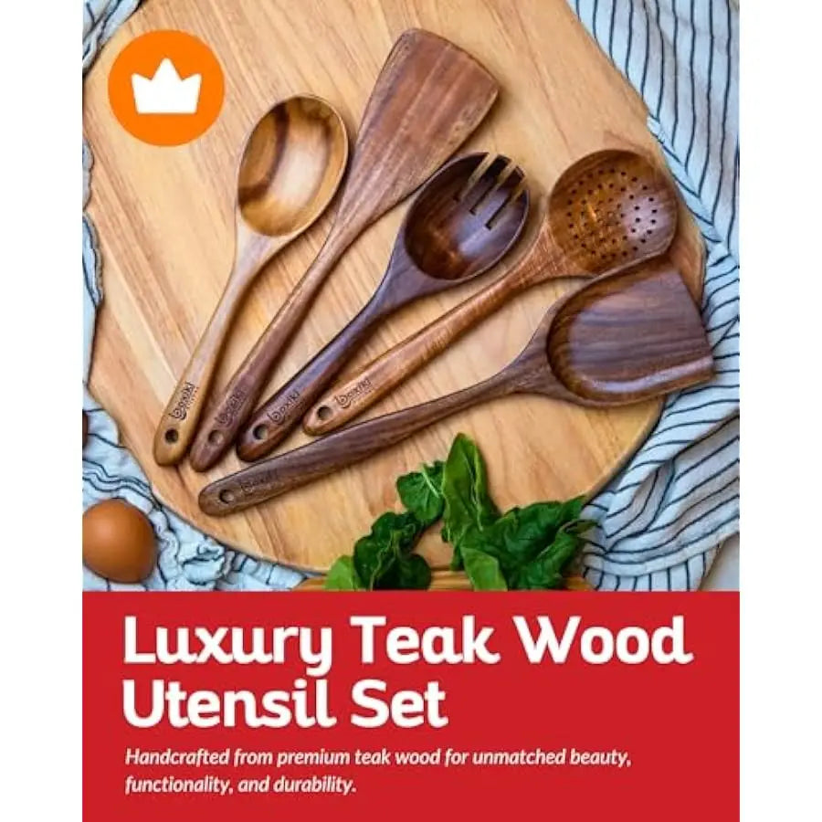 Boxiki Kitchen Luxury Teak Wood Utensil Set - Elegant 6-Piece Cooking Ensemble Including Spoons, Server, Scraper & Spatula - Exp