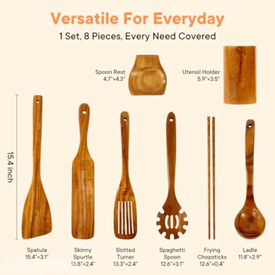 Non-Toxic Wooden Kitchen Utensils Set 15.4" Long Handle Wood Spatula for Cooking Egg Flipper Fish Turner Spatula for Non Stick