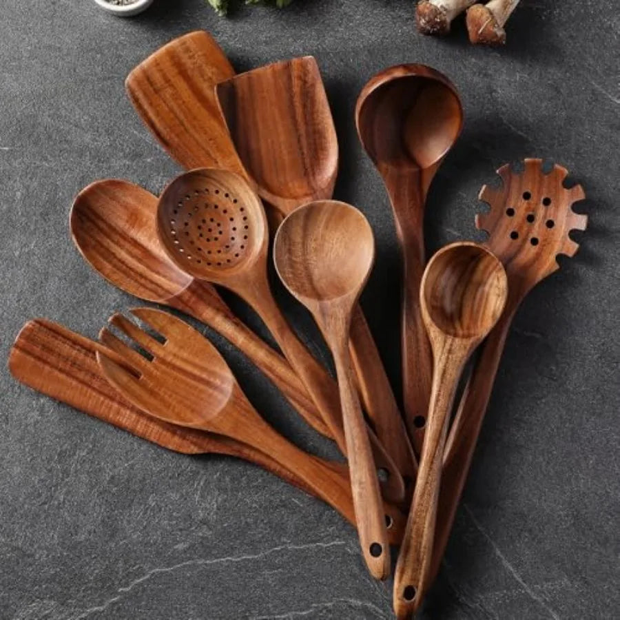 Wooden Spoons for Cooking, 12 Pcs Teak Wood Kitchen Utensils Set with Spoon Rest - Nonstick Heat Resistant Wooden Cooking Utens
