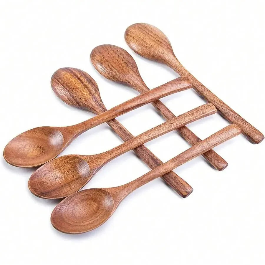 Long Handle Wooden Spoon Set For Soup Stirring Sauce Coffee Daily Use 6 Pieces