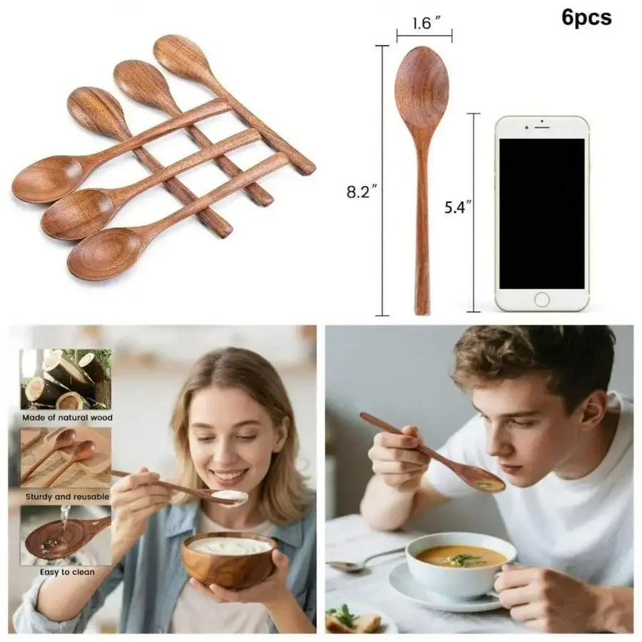 Long Handle Wooden Spoon Set For Soup Stirring Sauce Coffee Daily Use 6 Pieces
