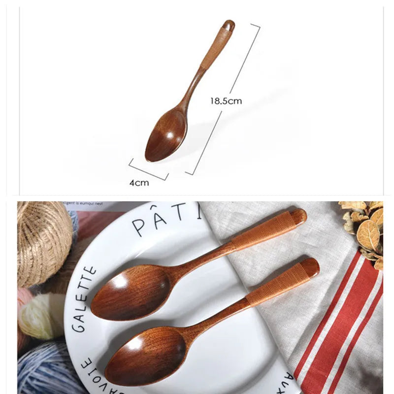 Wrapped Wire Wooden Spoon, Wide-mouth Cooking Spoons, Kitchen Utensil Tool, Soup Teaspoon, Catering ladle, Tableware, 18.5cm