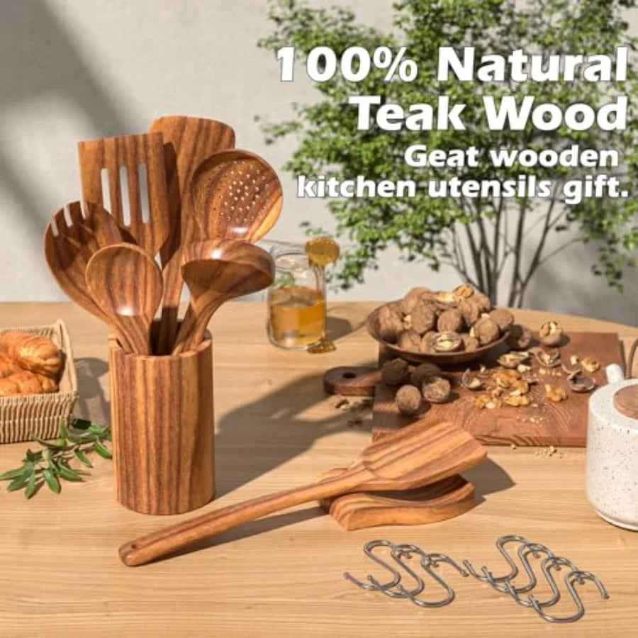 Natural Teak Kitchen Cooking Utensil Set with Holder Wooden Spoons for Cooking 10PCS Cooking Spatulas Set with Spoon Rest Woode