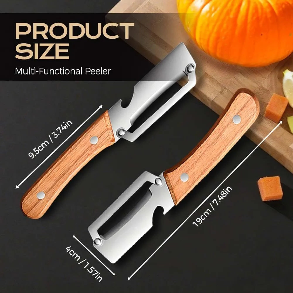 2 pcs Multifunctional Vegetable Peeler with Wooden Handle, 2-in-1 Stainless Steel Peeler with Built-in Bottle Opener, Ergonomic Peelers for Kitchen, Sharp Vegetable Peeler for Potato, Carrot & Fruit