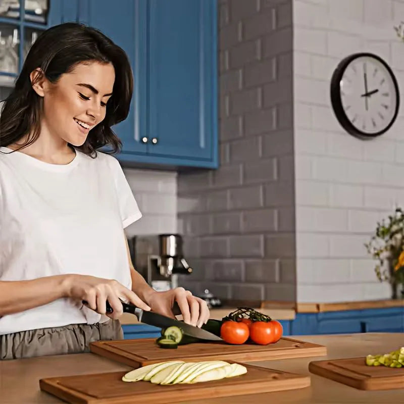 3-5 Pack Bamboo Cutting Boards with Juice Groove, Multipurpose Thick Wooden Kitchen Chopping Board Set for Meat Vegetables Fruit, Heavy Duty Natural Bamboo Serving Tray with Handle Cutouts