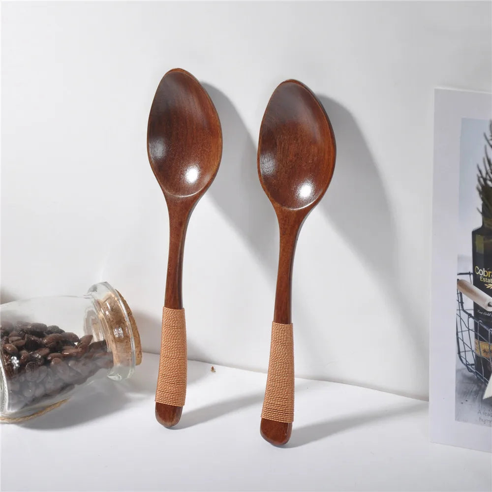 Wrapped Wire Wooden Spoon, Wide-mouth Cooking Spoons, Kitchen Utensil Tool, Soup Teaspoon, Catering ladle, Tableware, 18.5cm