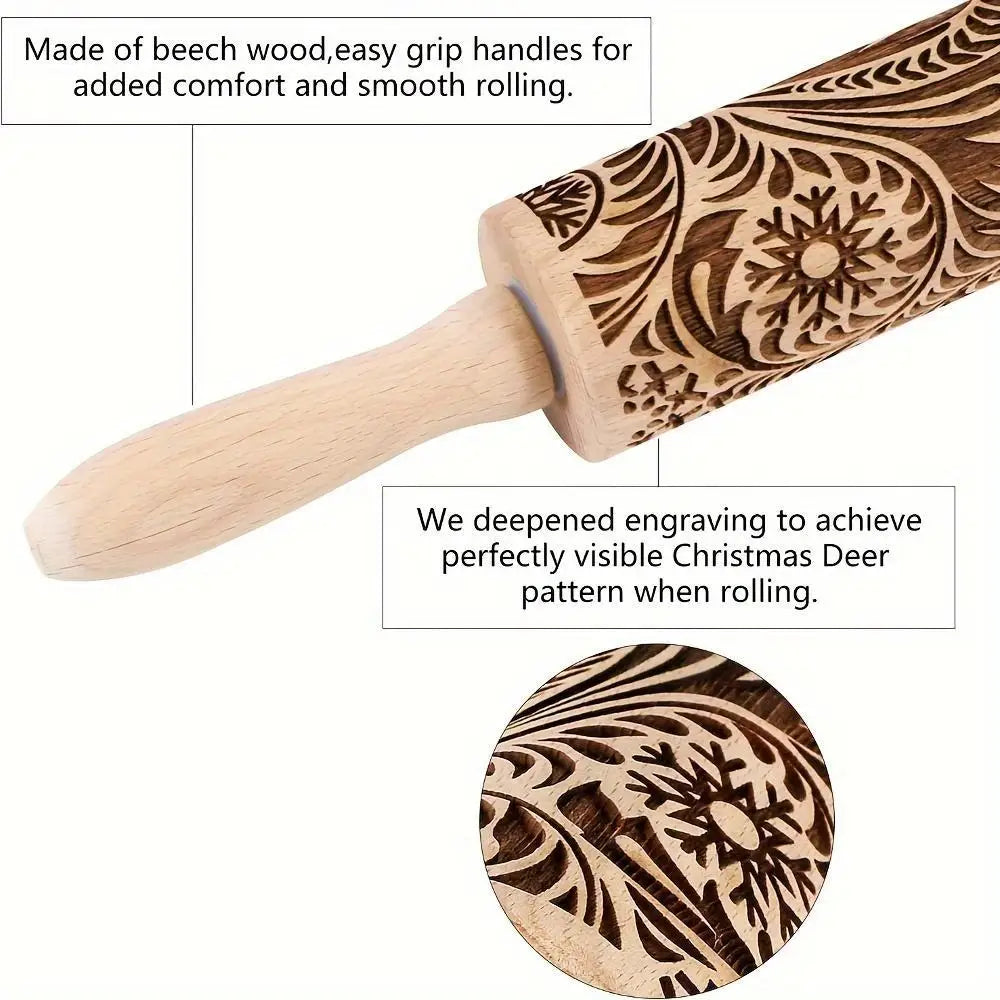 Engraved Floral Embossed Baking Rolling Pin - Baking Supplies, Kitchen Accessories, Kitchen Bakeware Utensil, Embossed Cookie Tool, Mom Birthday Gift (1 Piece)