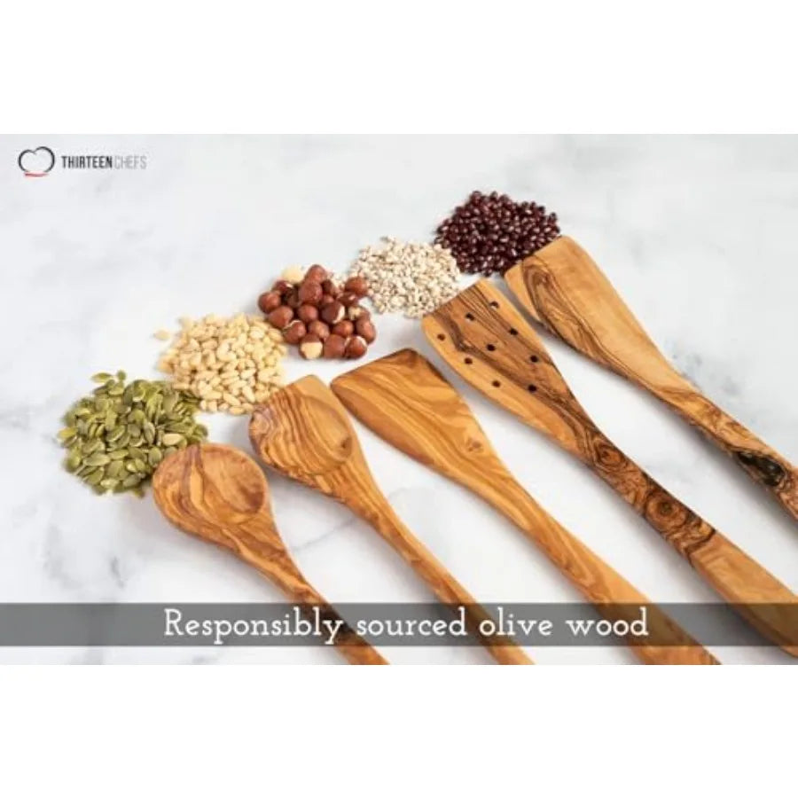 Tramanto Olive Wood Utensil - Spatula and Spoon Wooden Cooking Tools 12 Inch Long Rustic Hand Made with Gift Box