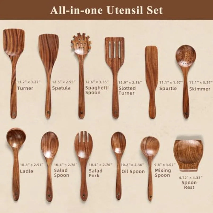 Wooden Spoons for Cooking, 12 Pcs Teak Wood Kitchen Utensils Set with Spoon Rest - Nonstick Heat Resistant Wooden Cooking Utens