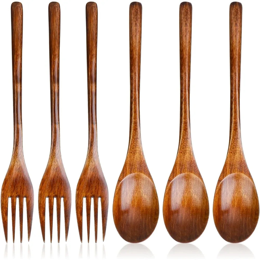 6 Pcs Wooden Forks and Spoons Reusable Wooden Spoons Forks Set Eating Utensil Set wooden Cutlery Wood Dinnerware Set Wood Kitchen Tableware Bamboo Utensils for Stirring Cooking Eating