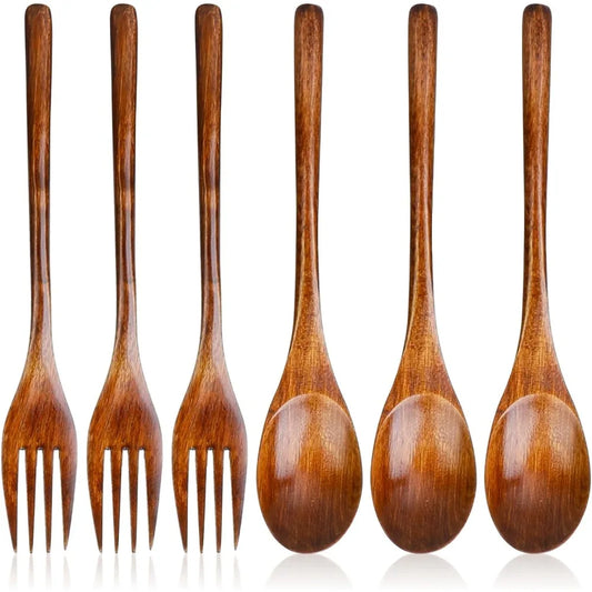 6 Pcs Wooden Forks and Spoons Reusable Wooden Spoons Forks Set Eating Utensil Set wooden Cutlery Wood Dinnerware Set Wood Kitchen Tableware Bamboo Utensils for Stirring Cooking Eating