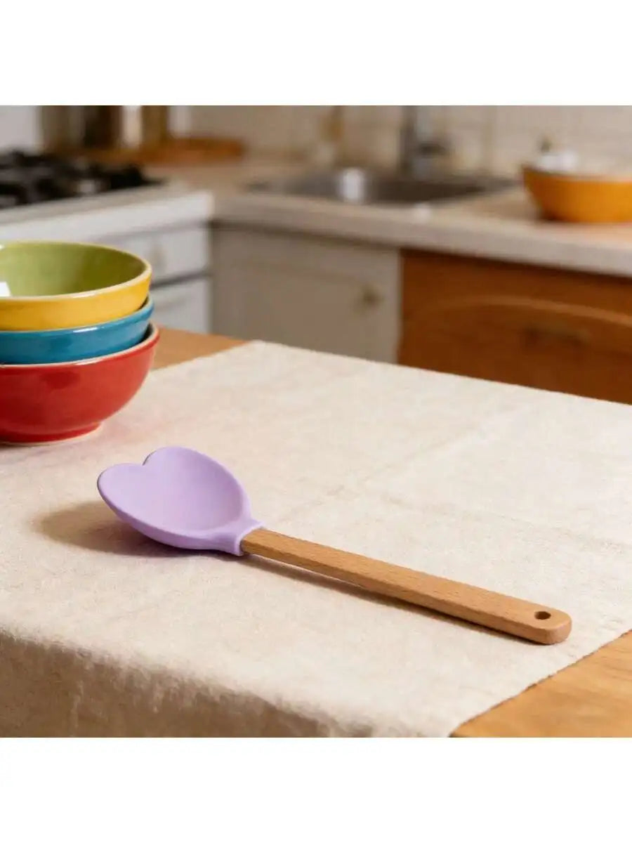 Heart Shaped Wooden Spatula Silicone Head Kitchen Utensil For Mixing Cooking Baking Stirring
