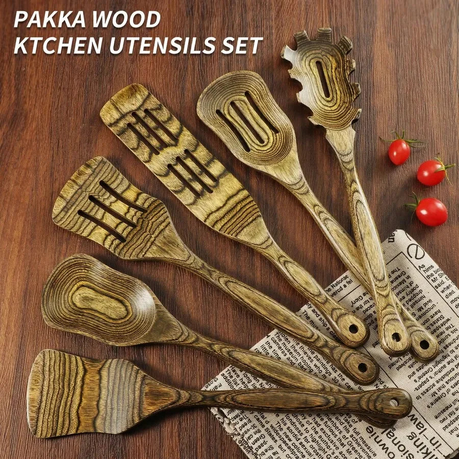 Kitchen Utensils Set Wooden, Pakkawood Cooking Spoon Set Slotted Spatula Cookware Wooden Turner Utensil Tools Spaghetti Spoon Fi