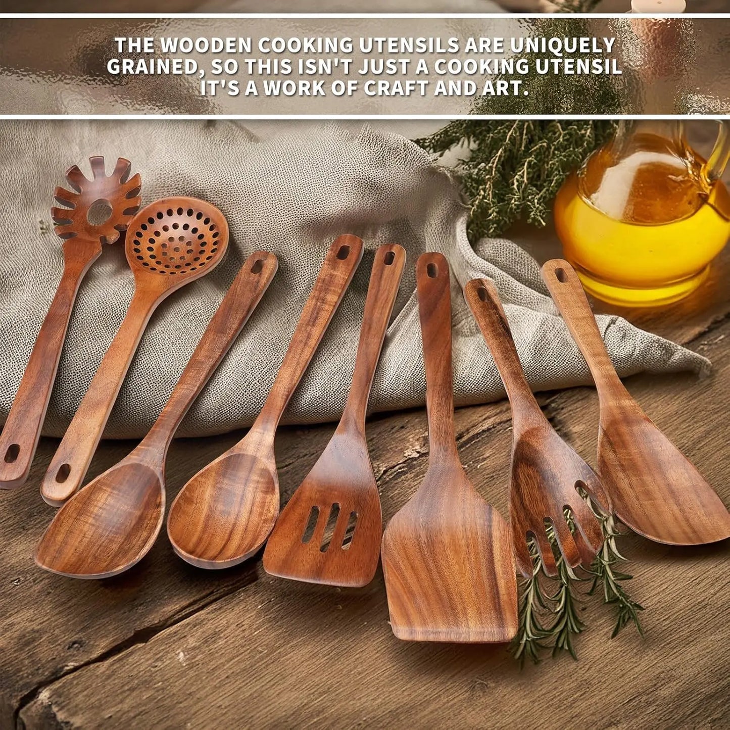 9 Pcs Kitchen Utensils Set - Natural Teak Wood Spoons for Cooking, Handmade Wooden Spoon Set with Spatula